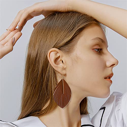 Minimalist Handmade Lightweight Large Soft Faux Leather Fringe Feather Dangle Drop Earrings Bohemian Huge Leaf Hook Earrings with Bar for Women - color: Brown