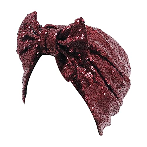 Erinaco Women Sparkle Sequin African Turban Bow Knot Pre-Tied Cap Pleated Ruffle Bonnet Beanie Hat Headwrap Skull Caps - color: Wine Red Sequin