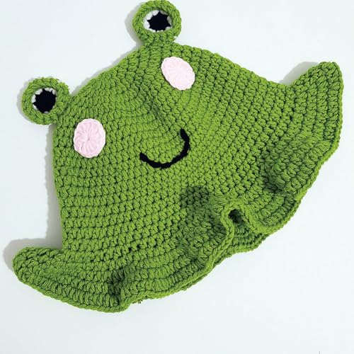 KORADI Womens Crochet Bucket Hat Ruffled Brim Knitted Hats Winter Boho Handmade Caps - color: Green-frog