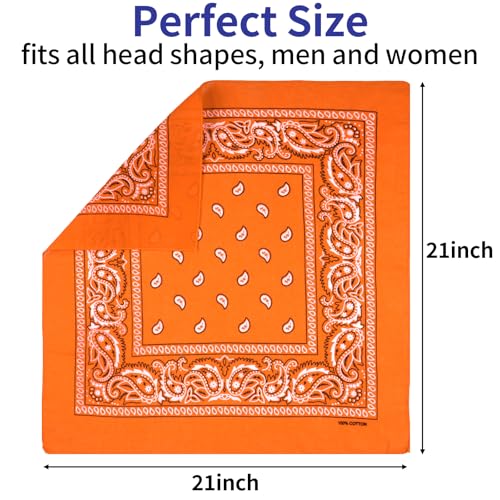 6 Pack Pure Cotton Bandana, Multi-Purpose Square Handkerchief, Face Mask headband for Men and Women - color: Orange