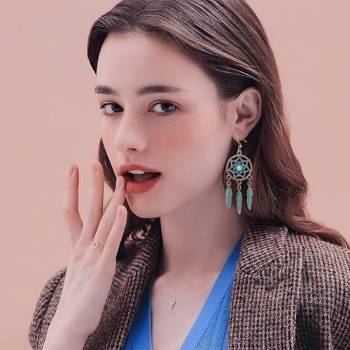 Boho Turquoise Drop Earrings Retro Long Copper Feather Tasse Metal Leaf Dangle Earrings Vintage Country Western Jewelry Cowgirl Ethnic Style Geometric Concert Festival Accessories for Women - color: Green Feather Tassel