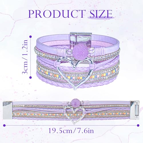 Leather Wrap Bracelet for Women, Boho Cuff Bracelet with Strong Clasp, Multi-Layer Crystal Leather Bracelet for Valentine Mother's Day - color: 01-Heart-Purple