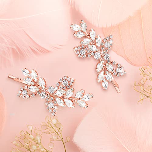 4 Pieces Leaf Pearl Crystal Hair Clips Elegant Bridal Hairpins and Barrettes for Women Girls (Rose Gold, Rhinestone Style) - color: Rose Gold