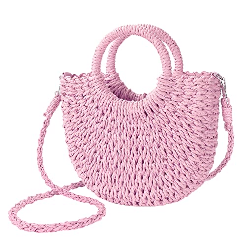 Womens Straw Beach Bag Woven Crossbody Shoulder Bags Top Handle Satchel Handbag Purse for Summer - color: Pink