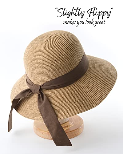 FURTALK Womens Beach Sun Straw Hat UV Protection Travel Packable Foldable Brim Summer UV Hat - color: Khaki-deep Coffee, size: Medium-Large