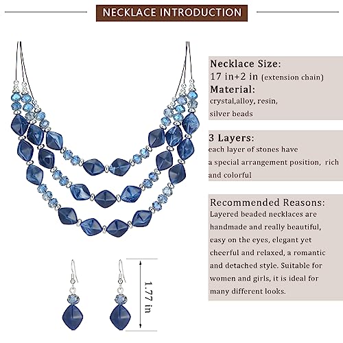 3 Layered Chunky Statement Necklace for Women Beaded Strand Necklaces with Earring Fashion Costumes Collar Necklace Jewelry Sets Gifts for Women - color: Blue