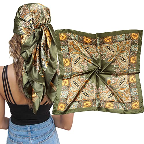 AWAYTR Satin Silk Scarf - Large Hair Bandana, Sleeping Wrap for Women - color: Cashew(deep Green)