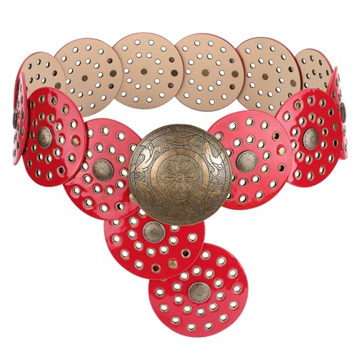 LEACOOLKEY Women's Boho Disc Belt Wide Western Leather Belt Vintage Concho Waist Belts for Dress Jeans - color: A-red, size: Fits 27"–33" (Waist/Hips), style: Style a