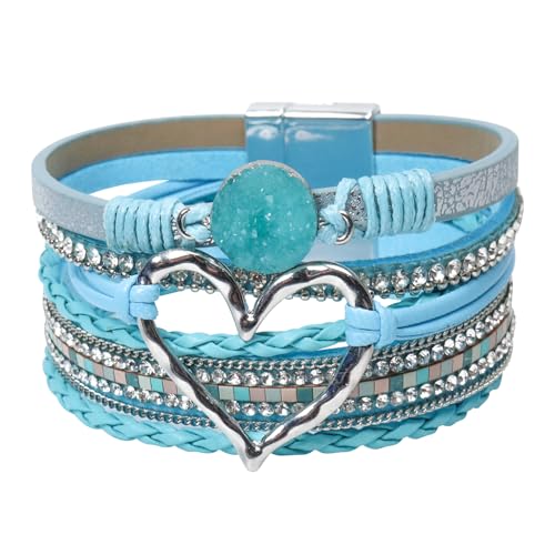 Leather Wrap Bracelet for Women, Boho Cuff Bracelet with Strong Clasp, Multi-Layer Crystal Leather Bracelet for Valentine Mother's Day - color: 01-Heart-Light Blue