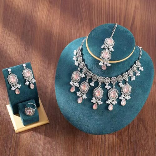 Luxury Waterdrop Rhinestone Pearls Tassel Charm Necklace Earrings Ring Maang Tikka Jewelry 4PCS Set Oxidized Antique Silver Flower Choker Ethnic Indian Retro Crystal Bollywood Bridal Wedding for Women - color: Pink