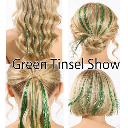 Celinebella Forest Green Hair Tinsel, 48" 1250 Strands Emerald Shimmer | Rich emerald forest green tone, festive shimmer, heat resistant, for St. Patricks Day spring outdoor events - color: 11-Emerald Glimmer, size: 48 Inch Pack of 5Pcs