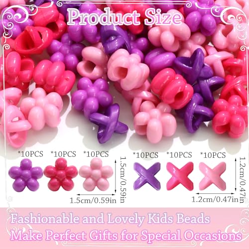 NAISKA 60Pcs Hot Pink Flower Hair Beads for Kids Purple Beads for Hair 3 Color Hair Beads for Braids Small Pony Dreadlock Beads Acrylic Beads Girls Braid Clips Accessories - color: Purple, Pink, Rose Red
