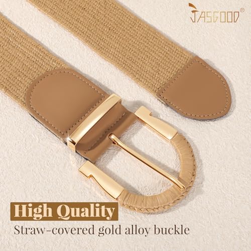JASGOOD Straw Woven Belt for Women Dresses Boho Elastic Braided Belt Rattan Raffia Belts Ladies Wide Belt,1.97" Width - color: C-khaki, size: Fit waist size 25"-30"
