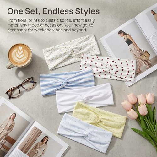Waliah 6 Pcs Cute Headbands for Women Trendy Head Bands for Women's Hair Non Slip Twist Knotted Fashion Headband(Knot B) - color: Flowers and Stripes-B