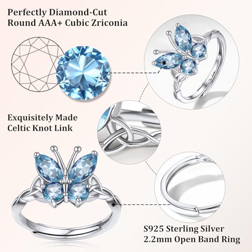 Bestyle 925 Sterling Silver Butterfly Ring Hypoallergnic Adjustable Birthstone Rings for Women Butterfly Jewelry Gifts for Anniversary Mothers' Day Birthday - color: 03.March(Aquamarine)-Ring