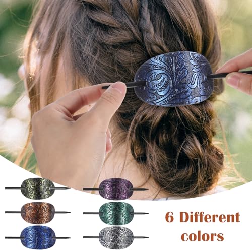 6 Pcs Leather Hair Barrettes with Stick, Hairpin Ponytail Holders Square Shape Hair Accessories Set Handmade Hairs Barrette with Wood Slide Stick for Women