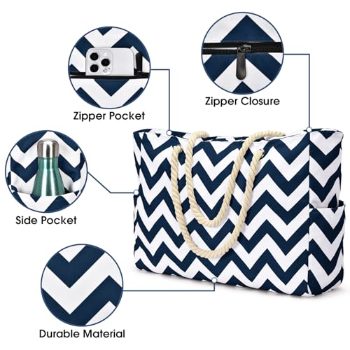 Becokan Beach Bag Large Beach Tote Bag for Women Waterproof Sandproof Swim Pool Bag With Zipper - color: Dark Blue Wave