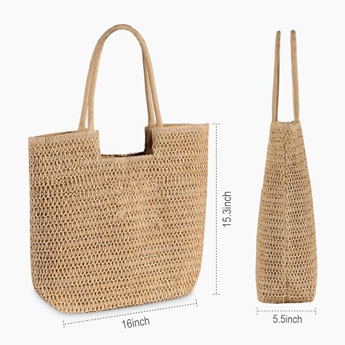 WantGor Straw Beach Bags, Women Summer Woven Tote Bag Large Boho Shoulder Handbags Casual Travel Beach Bag Foldable Hobo Bags - color: Khaki