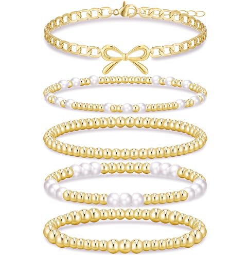Gold Beaded Bracelets for Women, 14K Real Gold Plated Jewelry for Women Dainty Pearl Bead Bracelets Stack, Non Tarnish Trendy Stackable Ball Cross Stretch Bracelet Set Fashion Accessories Gifts - color: Gold bead & Bow chain