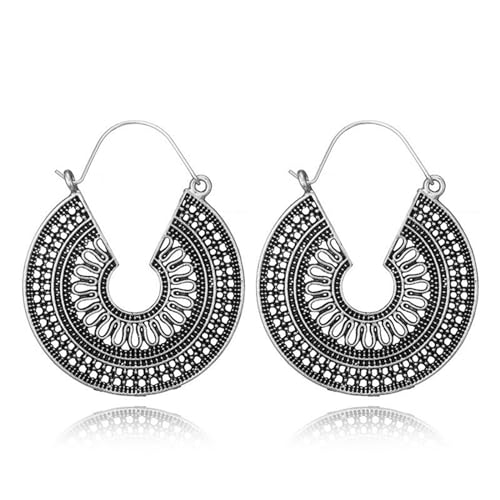 Boho Antique Carved Flower Dangle Drop Earrings for Women Vintage Retro Handmade Hollowed Antiqued Bronze Floral Shaped Geometric Gold Silver Plated Hoop Earrings for Ethnic Style Jewelry Gifts - color: Silver round earrings