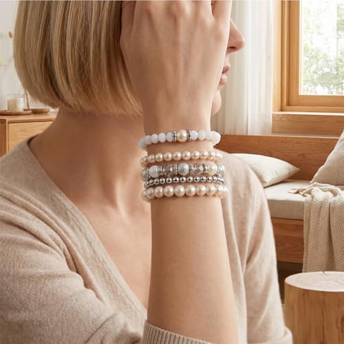 5PCS Beaded Stretch Bracelet Stackable Stylish Beaded Bracelets for Women Crystal Bead Boho Stretch Layering Stone Bracelets Trendy Costume Jewelry Gift Multilayered Disco Ball Faceted Bracelet - color: White, Silver