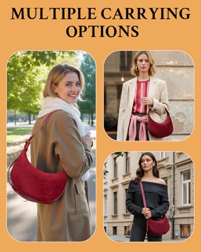 Herald Suede Crossbody Bag for Women, Vintage Hobo Handbag Crescent Shoulder Purses with Adjustable Strap Winter Fall - color: Red