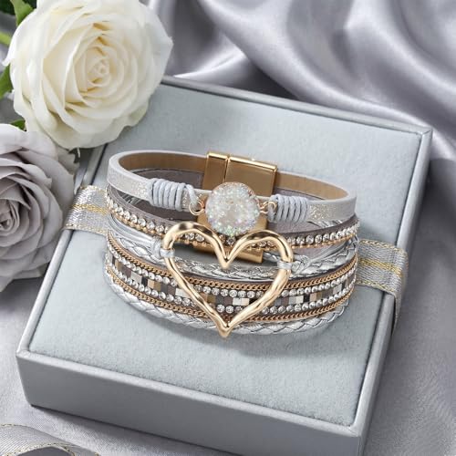 Long tiantian Leather Bracelets for Women Warp Bracelet Stackable Boho Layered Bracelet Chunky Heart Trendy Birthday Gifts for Her - color: A1:Womens Bracelet(Silver)