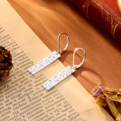 ALEXCRAFT Hammered Silver Dangle Earrings for Women, 14K Gold Plated French Leverback Earrings, Hypoallergenic Lightweight Statement Hammer Square Bar Long Drop Earing for Women Trendy Jewelry Gifts - color: SilverC