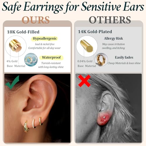 Poxtex Small Sterling Silver Huggie Hoop Earrings Set for Women, Hypoallergenic 14K Gold Plated Hoops Stacks for Multiple Piercings, Dainty Cute Mini Lightweight Cartilage Studs Trendy Jewelry Gift - color: Gold-moon hoop