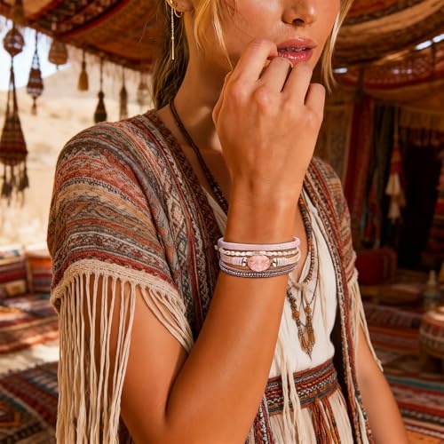 Long tiantian Leather Bracelets for Women Warp Bracelet Stackable Boho Layered Bracelet Chunky Heart Trendy Birthday Gifts for Her - color: B30:2 Bracelet Sets for Teen Girls(Pink)