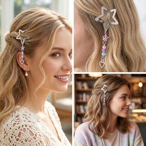 Pndeyo 2pcs Star Tassels Hair Clips for Women, Heart Non-Slip 2000s Y2k Snap Barrettes, Cute Star Beaded Pendant Pin Accessories for Braid Long Short Thin Thick Hair- Silver - color: Silver-B Style