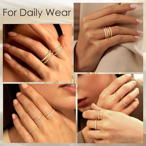 Florideco Stackable Rings for Women 14K Gold Plated Stackable Thin Ring Minimalist Non Tarnish Cubic Zirconia Band Rings Dainty Trendy Statement Stacking Ring Set Size 5-10 - color: Gold Tone