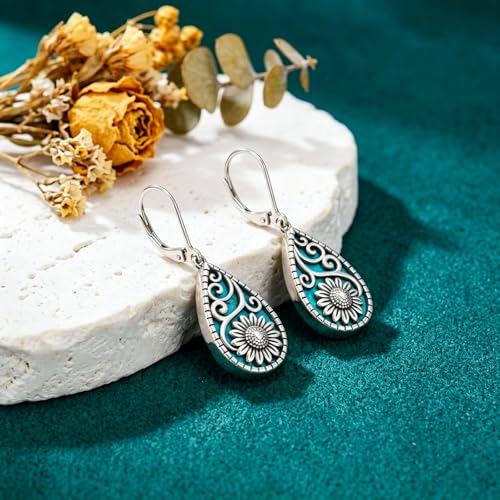 Natural Turquoise Earrings for Women Dangling 925 Sterling Silver Dangle Earrings Western Jewelry Christmas Gift for Sister Mother - style: H-Sunflower Earrings
