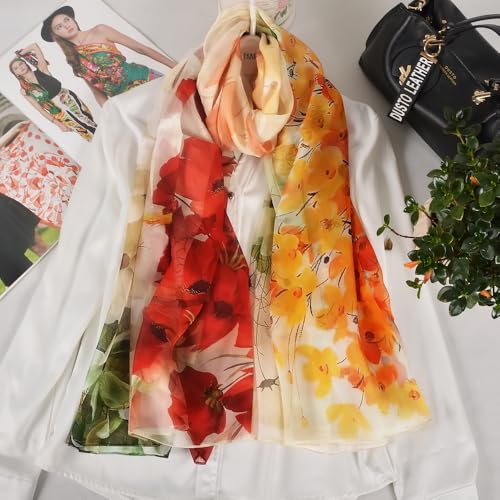 100% Mulberry Silk Women's Neck Silk Scarf-Lightweight Shawl,FLoral Print Beach Silk Wrap-Scarves for Photography - color: Yellow Green Red Floral