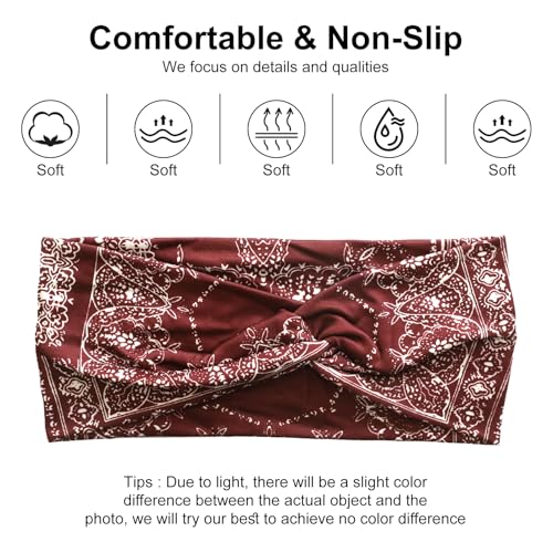 Artilady 6 Pack Boho Headbands for Women - Wide Bandana Headband Non Slip Stretchy Cheetah Paisley Print Turban Headwarp Twisted for Girls - color: Dark Patterned