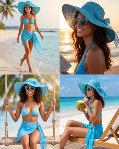 3 Pcs Summer Beach Set for Women Wide Brim Straw Sun Hat, Swimsuit Coverup Sarong, Heart Sunglasses - color: Blue