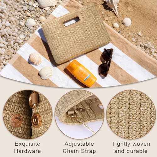 Beach Clutch Bag Straw Summer Clutch Purses for Women Handmade Woven Purse Detachable Gold Chain, Crossbody - color: Khaki