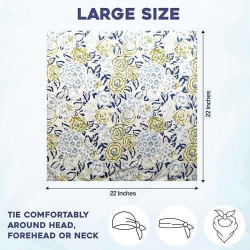 AVKA Studio 100% Cotton Bandanas for Women & Men, 2 Pack 20x20 Inch, 22x22 inch Hand Printed, Lightweight Cotton Handkerchief - color: White Blue & Green, size: 22 x 22 Inches Large