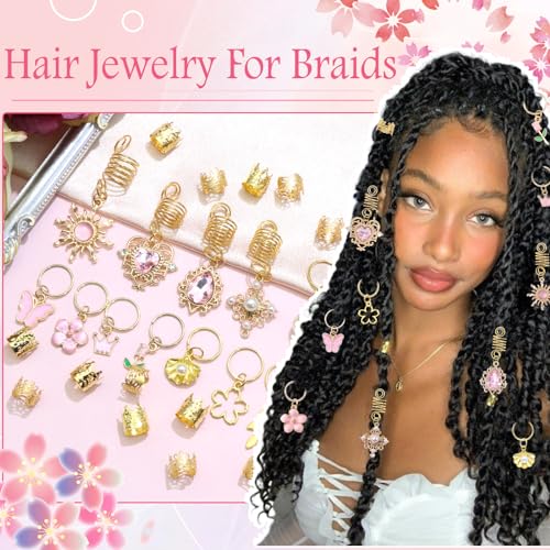 36PCS Pink Crystal Hair Jewelry Butterfly Braids Clips Flower Loc Jewelry Pearl Hair Charms Gold Hair Cuffs Rings Valentine's Day Braids Accessories for Women and Girls - color: Gold&Pink