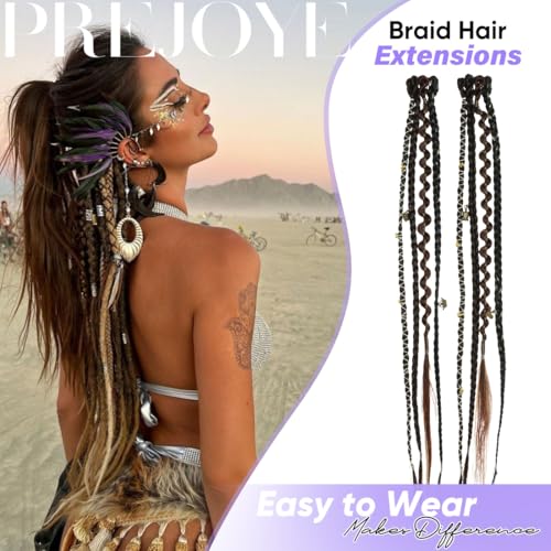 Clip in braids, 2PCS 16Inch Dreadlock Extensions with Beads & Chains, Viking Boho Braids for Cosplay, Renaissance Festival, Daily Styling (Dark Brown Mix, 16 Inch) - color: Dark Brown Mix