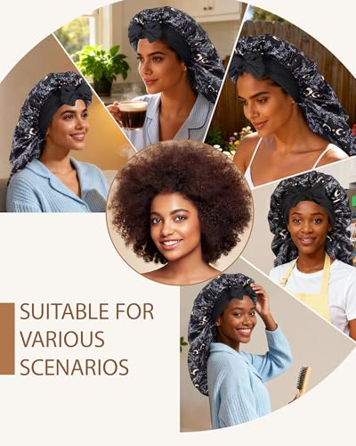 AWAYTR Long Satin Bonnet for Braids - Elastic Silk Hair Bonnets for Sleeping Night Cap Stretchy Tie Band for Women(Star and Moon) - color: Star and Moon
