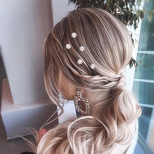QIUTIMIY 20 Pack (Pink) Pearl Crystal Hair Pins Flower Rhinestone Hair Clips for Bridal Wedding Women Hair Jewelry Accessories, with Clear Container - color: Pearl Flower-Pink