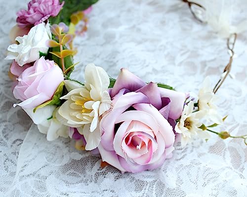 Vivivalue Women Flower Crown Rose Floral Headband Hair Wreath Flower Headpiece Halo Boho with Ribbon Wedding Party Festival Photos - color: 6