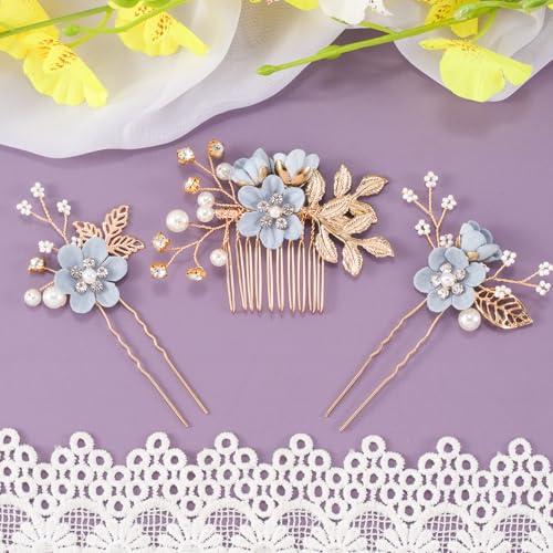 HINZIC 3pcs Flower Tassels Hairpin for Women, Non-Slip Pearl Hair Clips Headpiece, Retro Chinese Hanfu Wedding Brides Hair Accessories for Long Hair- Blue - color: Blue