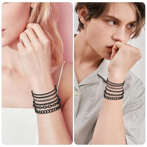 6PCS Stainless Steel Bracelets for Men Women, Silver Gold Black Cuban Link Rope Box Wheat Chain Paperclip Figaro Jewelry Set, 7/8/9 Inches - color: Black, size: 7 inches