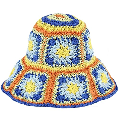 Women Straw Sun Hat Floral Woven Crochet Bucket Hat Y2k Aesthetic Accessories Beach Hat Hand Woven Boho Foldable Cap - color: Blue
