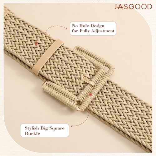 JASGOOD Women Wide Woven Belt for Dresses Rattan Waist Belt Braided Boho Belt with Square Buckle - color: Khaki, size: Fit Waist Size 23-27inch