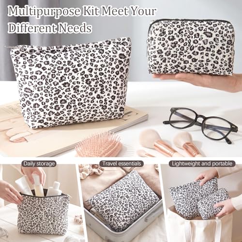 Aliceset 2 Pcs Leopard Makeup Bag Cosmetic Pouch Set Large Travel Toiletry Bag Aesthetic Cotton Zipper Organizer for Women Gift Beauty Essentials(Black Leopard)