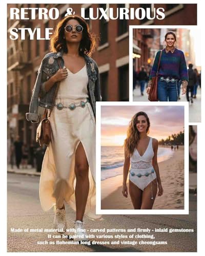Women’s Bohemian Waist Chain, Vintage Adjustable Belly Chain for Dress Jeans Country Concert Outfit - color: Flower Silver, size: Fit Waist up to 38''