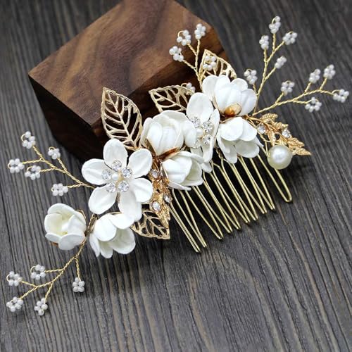 Luxury Floral Hair Clip Set - 4PCS Rose Gold & White Flower Hairs Accessories for Women, Vintage Bridesmaid Hairs Pins, Mother of Bride, Prom, Victorian Hair Decorations - color: White Base